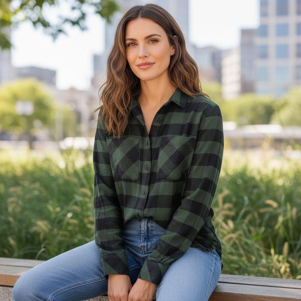 Bella Dahl Green Plaid Shirt size S